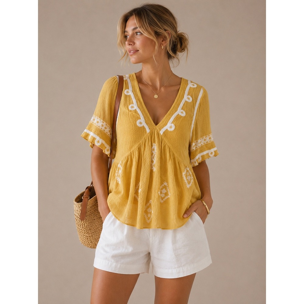 Zara Butter Yellow Boho Peasant Top‎ – Embroidered Detail, Size Small